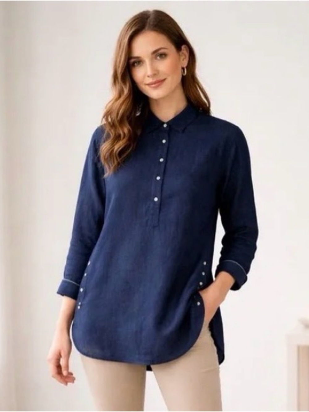 J.Mclaughlin Fallon Loose Fit Linen Blouse Popover Women's Buttons Navy Blue S